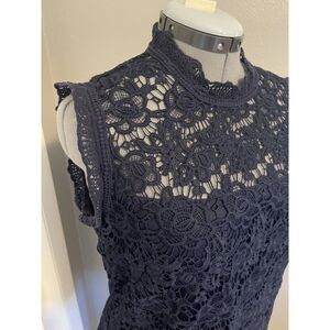 Nanette Lepore Navy Lace Top | Size L | Floral Crochet High Neck Sleeveless